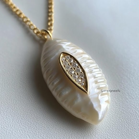 Gemstone Cowrie Shell, 14K Gold Plated Pearl Cowrie Shell Pendant Manufscturer Suren Jewels